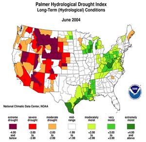 NOAA image of USA drought conditions during June 2004.