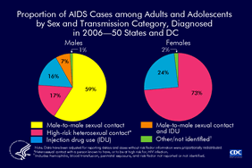 Slide 10: Proportion of AIDS Cases among Adults and Adolescents, by Sex and Transmission Category Diagnosed in 2006—50 States and DC
                                        
Of AIDS cases diagnosed in 2006 among male adults and adolescents, 59% were attributed to male-to-male sexual contact and 16% were attributed to injection drug use. Approximately 17% of cases were attributed to high-risk heterosexual contact and 7% were attributed to male-to-male sexual contact and injection drug use.

Most (73%) of the AIDS cases diagnosed in 2006 among female adults and adolescents were attributed to high-risk heterosexual contact, and 24% were attributed to injection drug use.

The data have been adjusted for reporting delays and cases without risk factor information were proportionally redistributed.