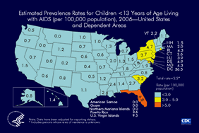 Slide 23: Estimated Prevalence Rates for Children <13 Years of Age Living with AIDS (per 100,000 population), 2006—United States and Dependent Areas
                                        
The prevalence rate of AIDS among children in the United States and dependent areas was estimated at 2.2 per 100,000 at the end of 2006.

The rate for children living with AIDS ranged from an estimated zero per 100,000 in American Samoa, Guam, Idaho, Montana, Northern Mariana Islands, and Utah to an estimated 36.5 per 100,000 in the District of Columbia. The District of Columbia is a metropolitan area, use caution when comparing its AIDS rate to state AIDS rates.

The data have been adjusted for reporting delays.