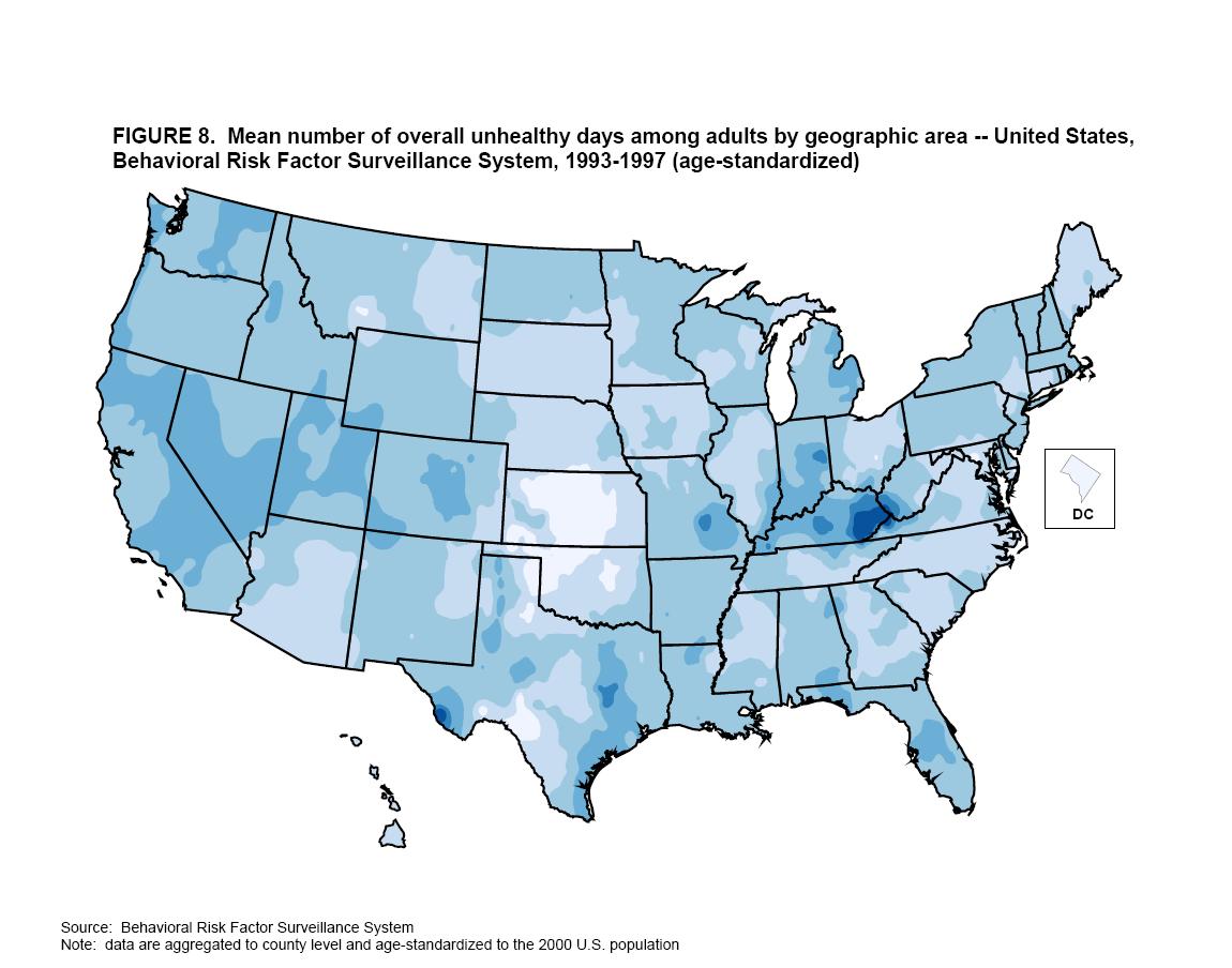 Mean number of overall unhealthy days among adults by geographic area 1993 - 1997 Map Image