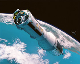 Keeping a 'space ferry' parked in Earth orbit, instead of returning it to the ground and spending money and fuel to launch it off the planet's surface each time, is one scenario for making the commute to the Moon more economical.