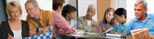 3 photos:  An older mand and an older woman doing paperwork; 5 women in a meeting; and older man reading a newspaper.