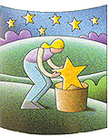 A woman placing a star in a round box.
