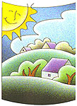 The sun shining over houses on a hill.