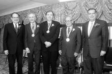 Secretary Abraham presents the 2003 Enrico Fermi Awards to Dr. John Bahcall, Dr. Andrew Davis, and Dr. Seymour Sack, Dr. Raymond Orbach is also present.