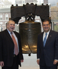 Secretary Abraham and Russian Minister Rumyantsev beside the Liberty Bell in Philadelphia, PA.