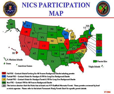 NICS Participation Map depicting each state's level of participation with the NICS.