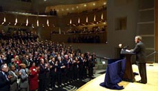 President Bush delivers remarks to Cabinet and Sub-Cabinet Members in the Ronald Reagan Building and International Trade Center in Washington, D.C. on Dec. 16, 2002.  White House photo by Paul Morse.