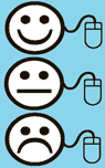 One smiley face; one regular smiley face; one sad face.  each connected to a computer mouse.