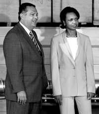Secretary Abraham and National Security Advisor Condoleeza Rice accompany President Bush on his tour of Libya's former nuclear materials and equipment.