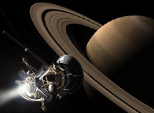 An artist's depiction of Cassini approaching the planet Saturn.