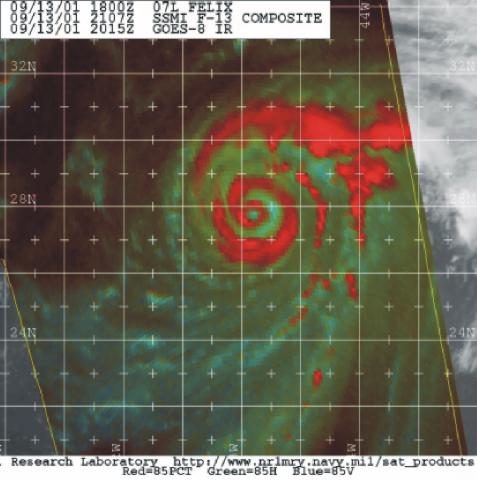 Microwave satellite imagery from the DMSP Special Sensor Microwave Imager, 2107 UTC 13 September