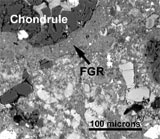 Chondrules are small silicate particles that make up large components of many of the meteorites that fall on Earth. They are believed to be the most primitive objects in the solar system.  FGR stands for 'Fine Grained Rim' which can be seen and delineated