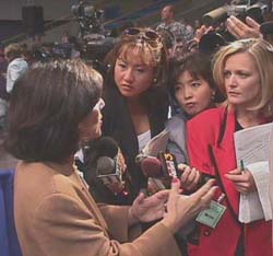 US Senator Barbara Boxer (Democrat, California) addresses reporters at the El Nino Summit on 14 October 1997.