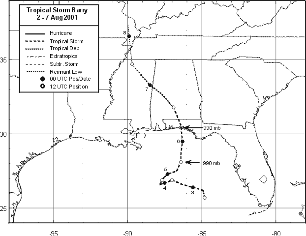 Best track positions for Tropical Storm Barry