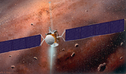 Illustration of the Dawn spacecraft in the asteroid belt.