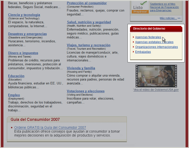 Página principal de GobiernoUSA.gov señalando la sección Directorio del Gobierno.