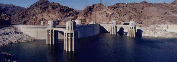 Panoramic view of Hoover Dam and Lake Mead