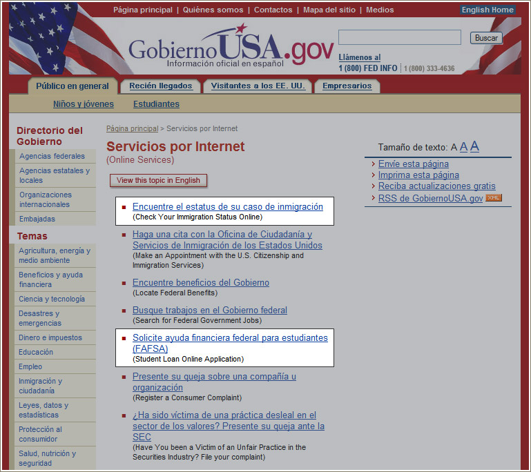 Página Servicios por Internet señalando varios enlaces a servicios que GobiernoUSA.gov ofrece por Internet.