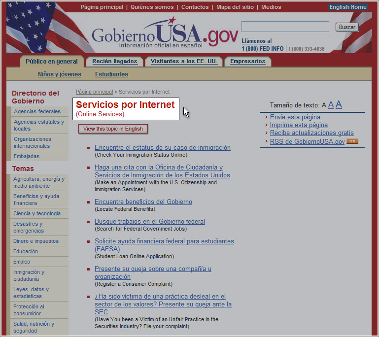 Página Servicios por Internet en GobiernoUSA.gov.