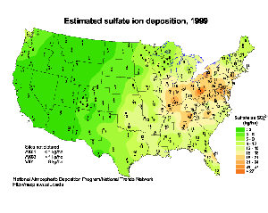 Estimated sulfate ion deposition, 1999.
