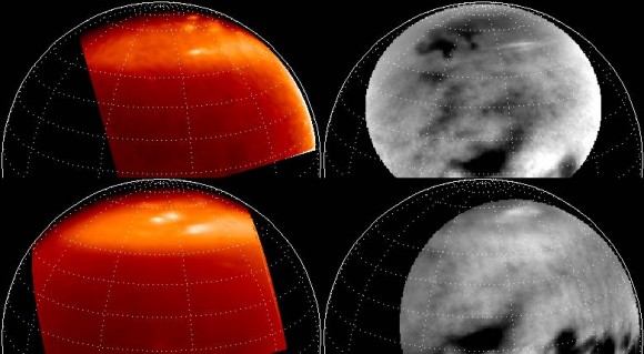 Map projected images of lake-effect clouds at the winter north pole of Titan from the VIMS (left, both from 27 April 2007) and ISS (right, from 24 Feb 2007, top, and 13 April 2007, bottom) imagers on board the Cassini spacecraft.