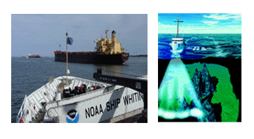 NOAA Ship WHITING Surveying around large tankers (left) and graphic of multibeam coverage (right)