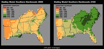 Potential Southern Hardwoods Net Primary Productivity, 2000 & 2100