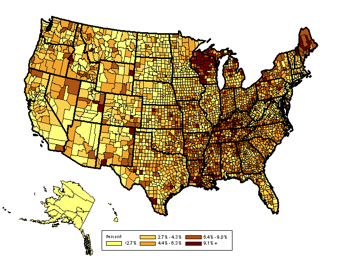 U.S. map indicating estimated percentages of L.I.S. potential eligible individuals by county, according to the following groups - Less than 2.7%. 2.7% to 4.3%. 4.4% to 6.3%. 6.4% to 9.0%. or more than 9.0%. Actual information by county is available in the file named  Low Income Subsidy 2008 Targeting Estimates (6 files - XLS, CSV, TXT, PDF) [ZIP, 1.3MB]. (See downloads at the bottom of page.) 