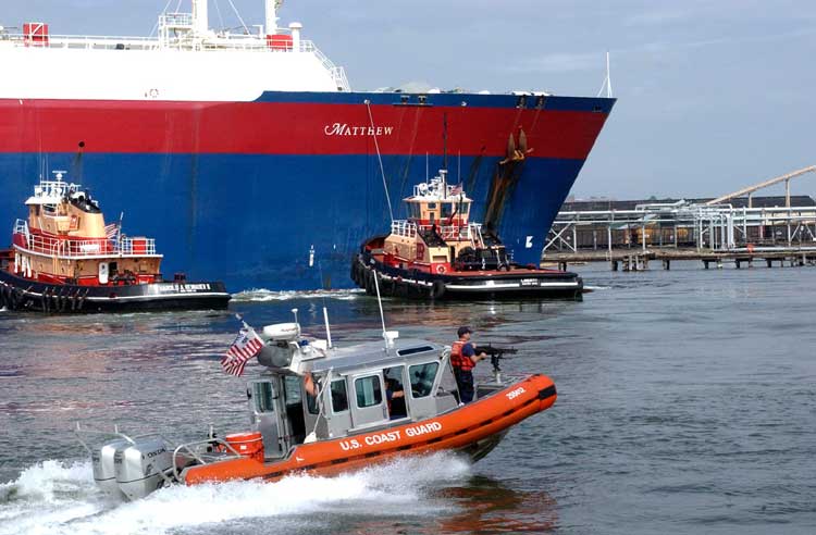 USCG boat provides security for LNG tanker in harbor