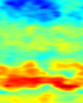This animation shows global ozone in the atmosphere from August 13 through October 15, 2004. Red represents high ozone concentrations; blue represents low concentrations. The spatial resolution is low: each pixel covers an area of 5 degrees longitude by 2 degrees latitude, so the entire world (except for 1 degree at each pole) is covered by the 72x89 pixel images.