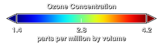 Color scale for Aura MLS ozone images, ranging from 1.4 to 4.2 ppmv (parts per million by volume).