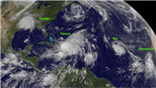 NASA/NOAA GOES satellite image from September 2 shows Gustav (over Texas), Hanna (in the Bahamas), Ike and Josephine (both over open water).