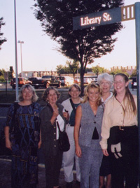 USGS Librarians (left to right) Librarians Karen Bolm (Latin American Archives), Nancy Soderberg (U.S. Data Library Archive), Liz Lucke (Fort Collins Science Center), Julia Towns (Columbia Environmental Research Center), Judy Buys (National Wetlands Research Center), and Stephanie Wyse (Grand Canyon Monitoring and Research Center) find themselves on Library Street at the 2002 Consortium meeting in Reston.