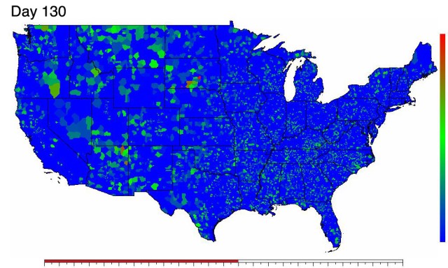 Simulation of a pandemic flu outbreak in the continental United States, initially introduced by the arrival of 10 infected individuals in Los Angeles. The spatiotemporal dynamics of the prevalence (number of symptomatic cases at any point in time), is shown on a logarithmic color scale, from 1 or fewer (blue) to 100 or more (red) cases per 1,000 persons. Without vaccination, antiviral drugs, or other mitigation strategies, the entire nation becomes infected within a few months. Depending on the reproductive number R0, effective intervention strategies, including vaccination and targeted antiviral prophylaxis can be successful without resorting to economically damaging measures like school closure, quarantine and work or travel restrictions. This large-scale agent-based simulation involves 280 million people, and uses demographic and worker flow data at the census tract level, as well as long-range travel statistics, to describe the geographic movement of people. In this simulation, long-range travel is assumed to occur at a lower-than-normal rate (10 due to travel advisories, but with no other mitigation strategies the pandemic quickly spreads nationwide, peaking about 90 days after the initial introduction.