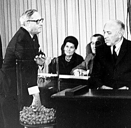 Photo, above: Rep. Alexander Pirnie, R-NY, draws the first capsule in the 
lottery drawing held on Dec. 1, 1969. The capsule contained the date, 
Sept. 14.