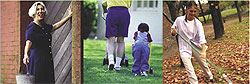 An older woman holding a bucket; a woman and child mowing the lawn; a woman raking leaves.