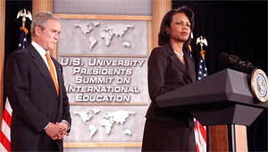 Photo of Secretary Rice and President announcing the National Security Language Initiative (NSLI)