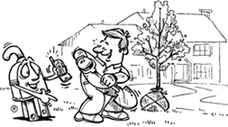 Mr. Plug is handing a man a telephone before he plants a tree.