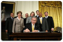 President George W. Bush signs an Executive Order establishing the Interagency Working Group on Youth Programs at the Helping America's Youth Event Thursday Feb. 7, 2008, in the East Room of the White House. The Executive Order is a coalition of Federal agencies that will help support communities and organizations working to help our Nation's youth. White House photo by Chris Greenberg