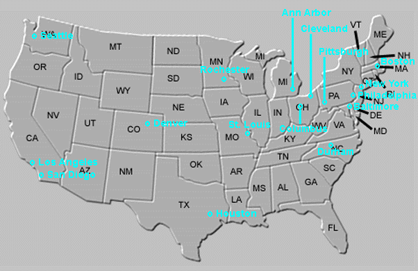 map of the U S with links to the clinical center information listed below