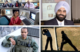 A four-part photo of Special Agents and  support personnel on the job.
