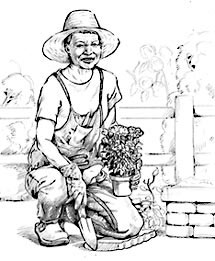 Dibujo de una mujer trabajando en su jardín
