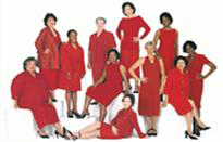Fotografía de mujeres vestidas de rojo.