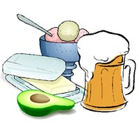 Image of fat, sweet, and alcohol items