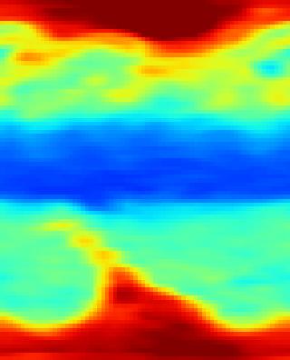 This animation shows hydrogen chloride (HCl) in the atmosphere from August 13 through October 15, 2004. Red represents high concentrations; blue represents low concentrations. The spatial resolution is low: each pixel covers an area of 5 degrees longitude by 2 degrees latitude, so the entire world (except for 1 degree at each pole) is covered by the 72x89 pixel images.