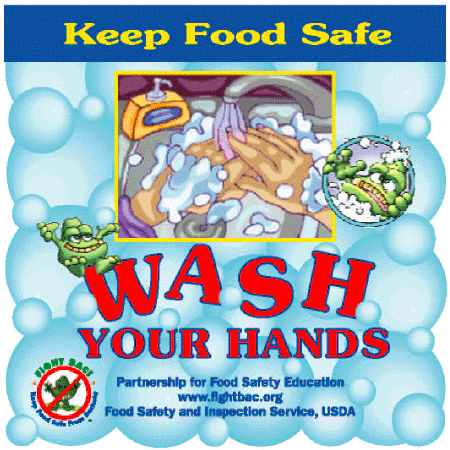 Handwashing decal: soap bubbles; hands under running water; BAC characters