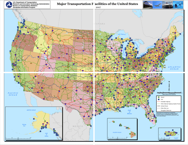 Major Transportation Facilities of the United States map. If you are a user with a disability and cannot view this image, please call 800-853-1351 or email answers@bts.gov for further assistance.