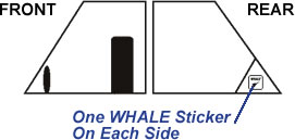 illustration shows placement of WHALE sticker on rear window
