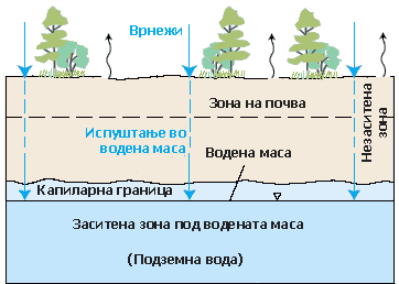 Дијаграм
што покажува
на кој начин врнежите
втекуваат во
земјата и ја
заситуваат
водната маса. 